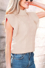 Side view of a beige cable knit turtleneck sweater with ruffled short sleeves