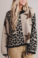 On-model front view of a beige leopard print sweater with brown stars and black trim