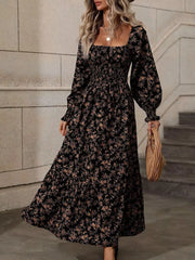 Black floral print midi dress with square neck and long puff sleeves, front view