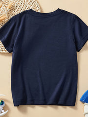 Flat lay back view of the plain children's dark navy short sleeve t-shirt