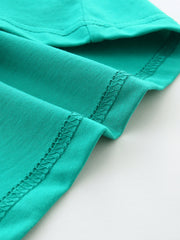 Close-up of turquoise t-shirt hem stitching showing the folded fabric and neat seams
