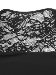Close-up detail of black floral lace sleeve and square neckline on the top