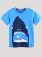 Sky blue children's short sleeve t-shirt laid flat with large dark blue shark and red crab print