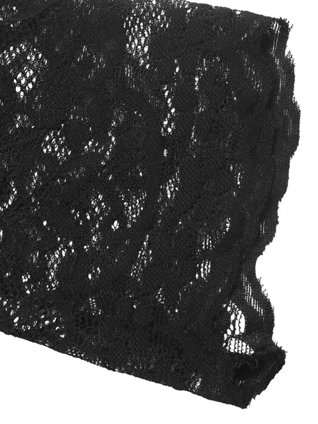 Close-up detail of black lace fabric and scalloped trim on the square-neck top's sleeve.