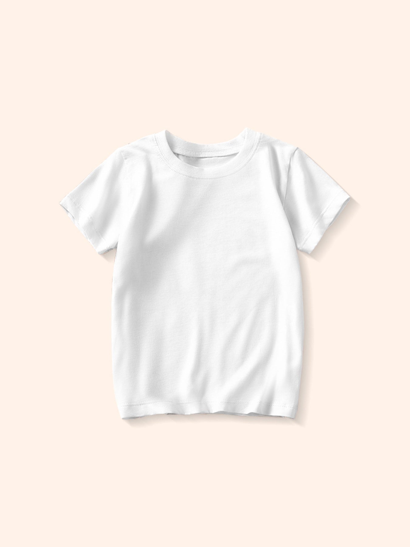 Straight front view of a plain white children's crew neck T-shirt on a pale background
