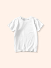 Straight front view of a plain white children's crew neck T-shirt on a pale background