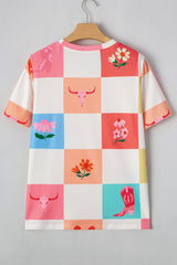 Camiseta de manga corta con cuello redondo y estampado de cuadros