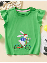 Green children's cap sleeve T-shirt with embroidered rabbit riding a bicycle with a flower basket