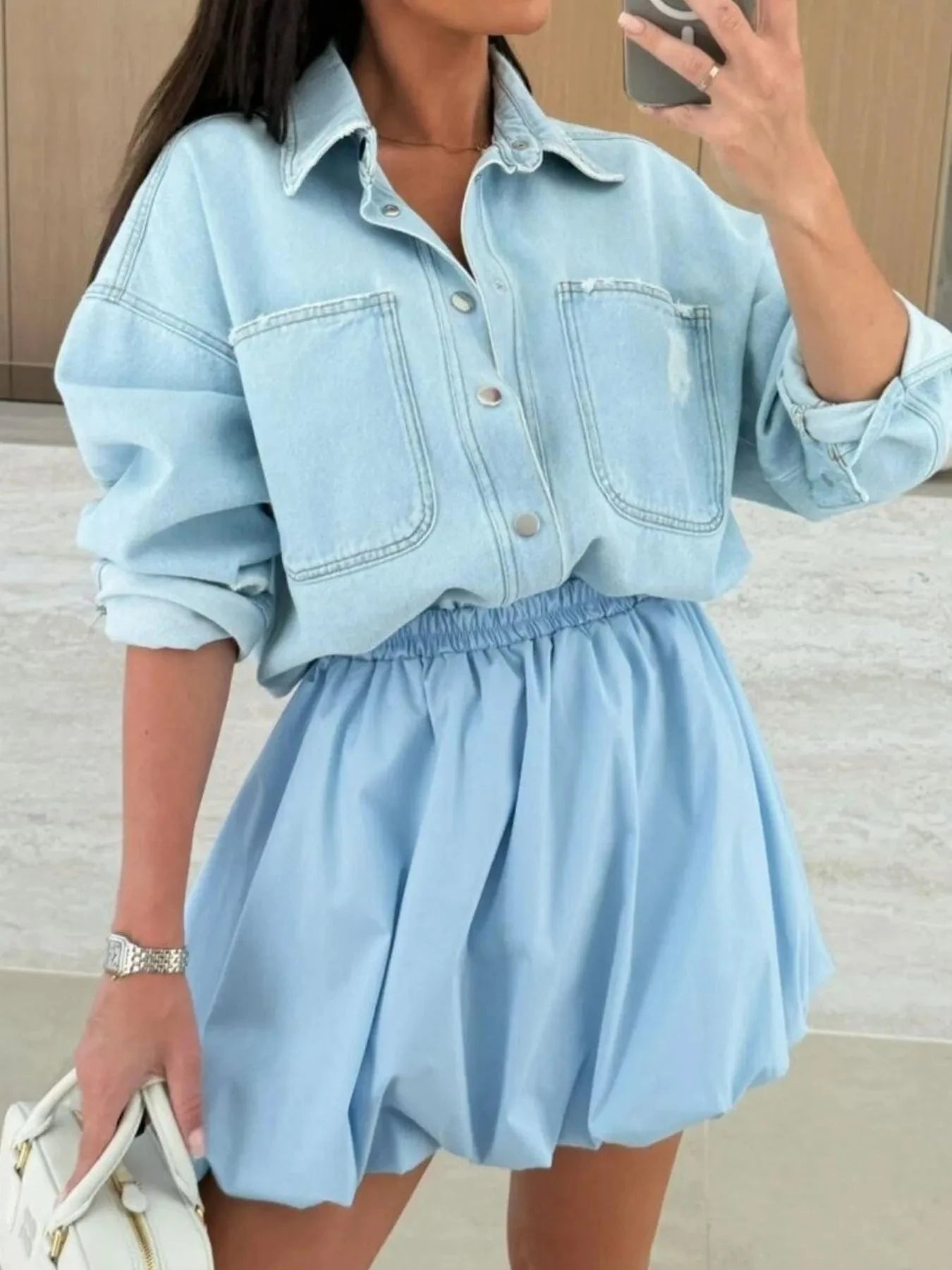 Elastic Waist Bubble Skirt Light Blue / S