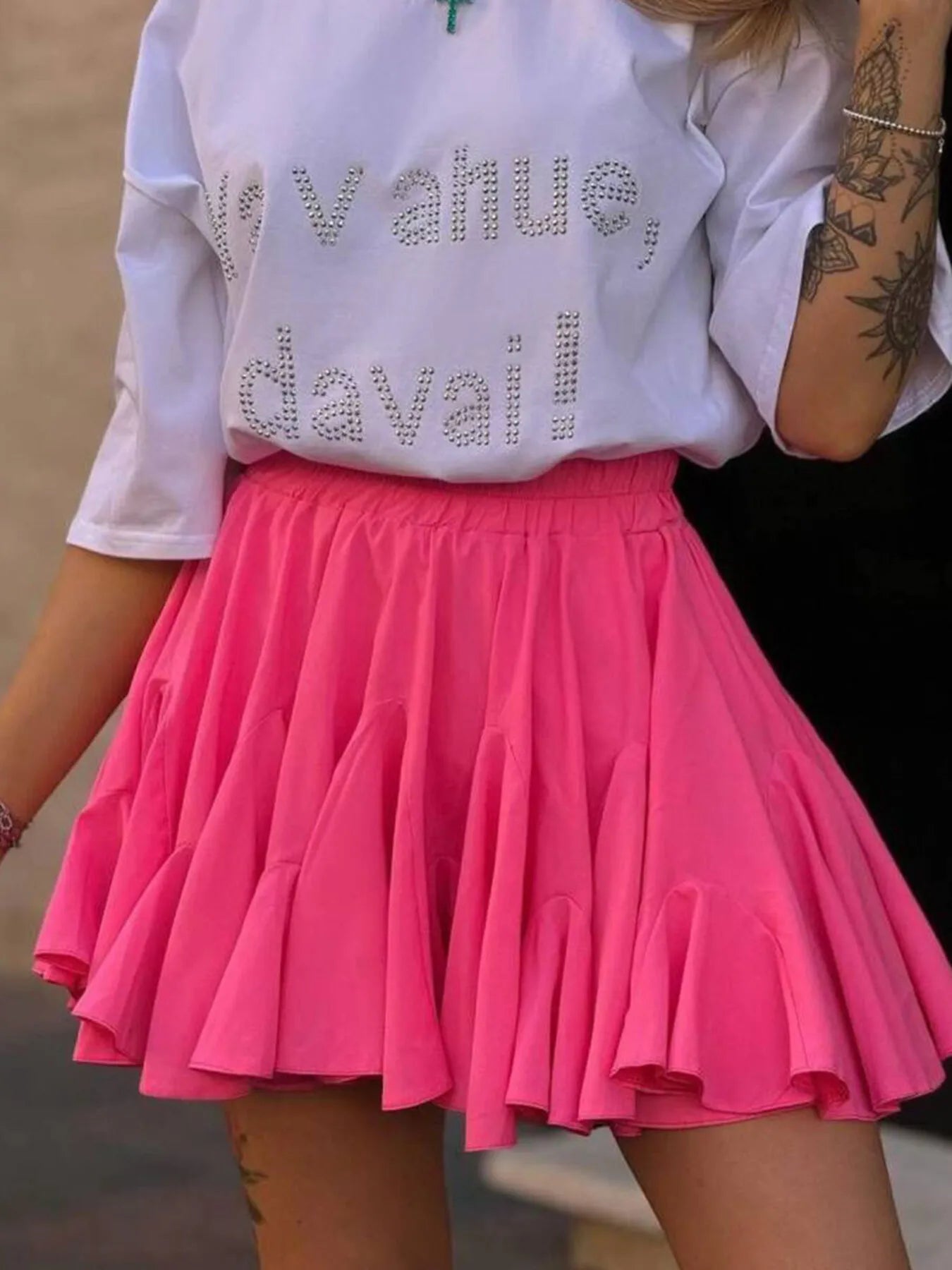 Elastic Waist Ruffled Hem Skirt Rose Red / S