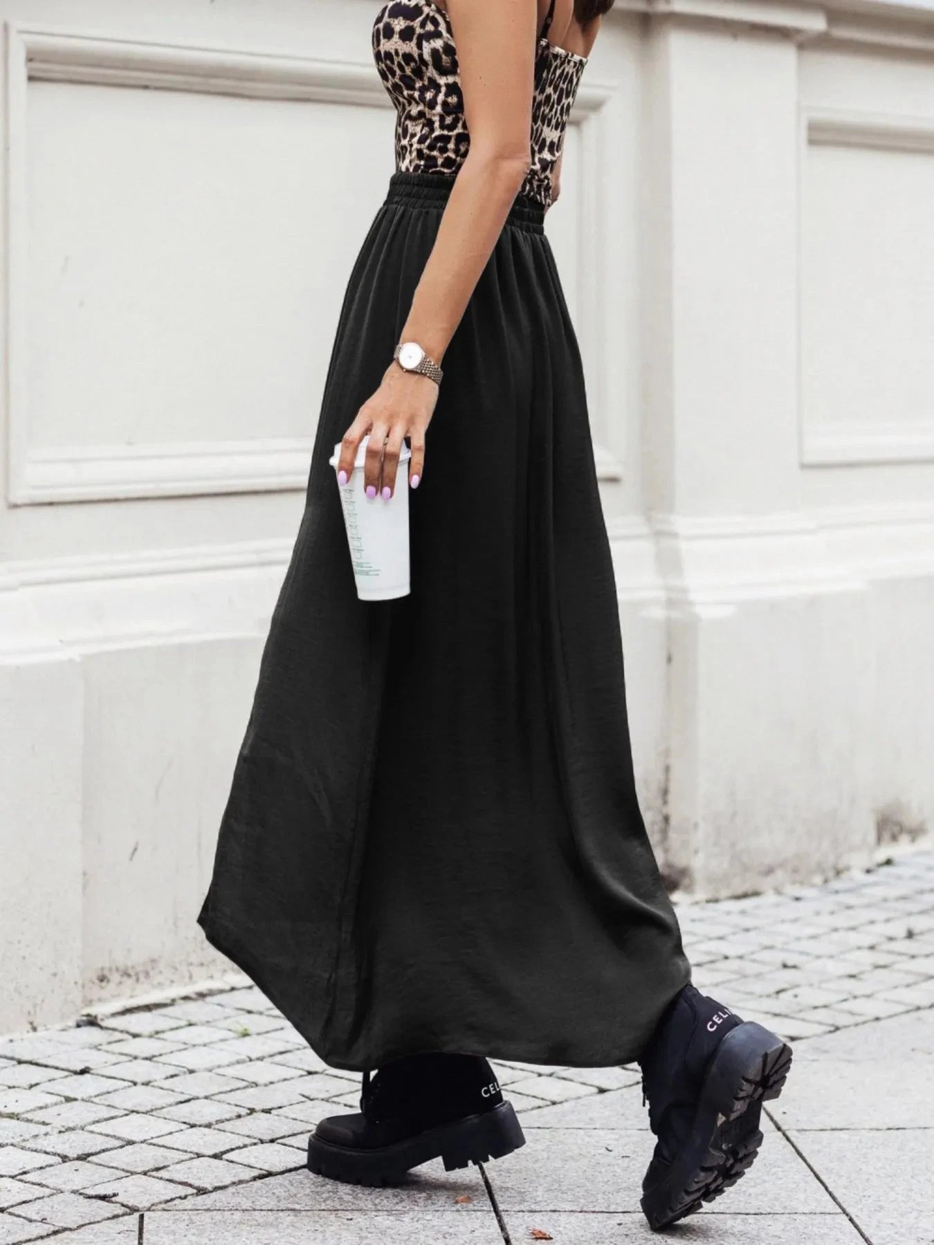 Elastic Waistband High-Slit Maxi Skirt