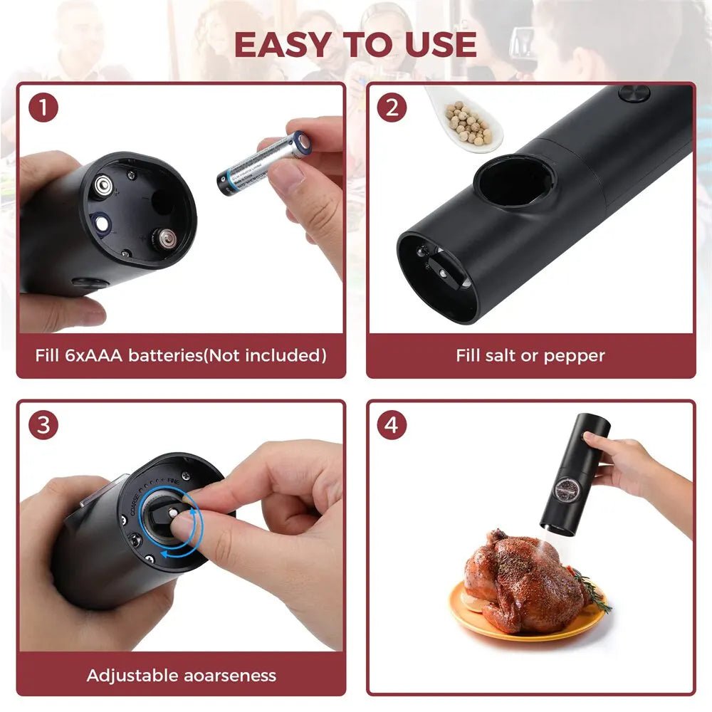 Electric salt pepper grinder: adjustable, refillable, battery powered black