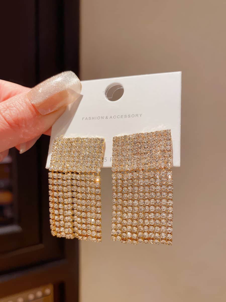 Elegant Gold Tone Rectangular Drop Earrings with Pave Cubic Zirconia Top Gold