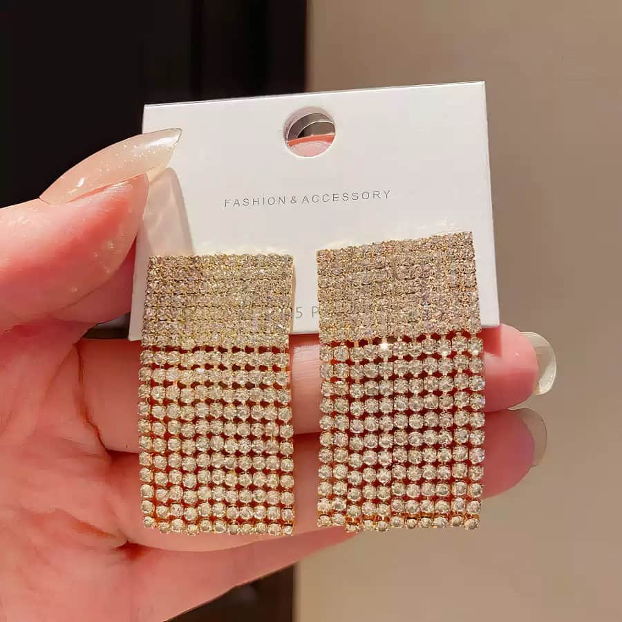 Elegant Gold Tone Rectangular Drop Earrings with Pave Cubic Zirconia Top Gold