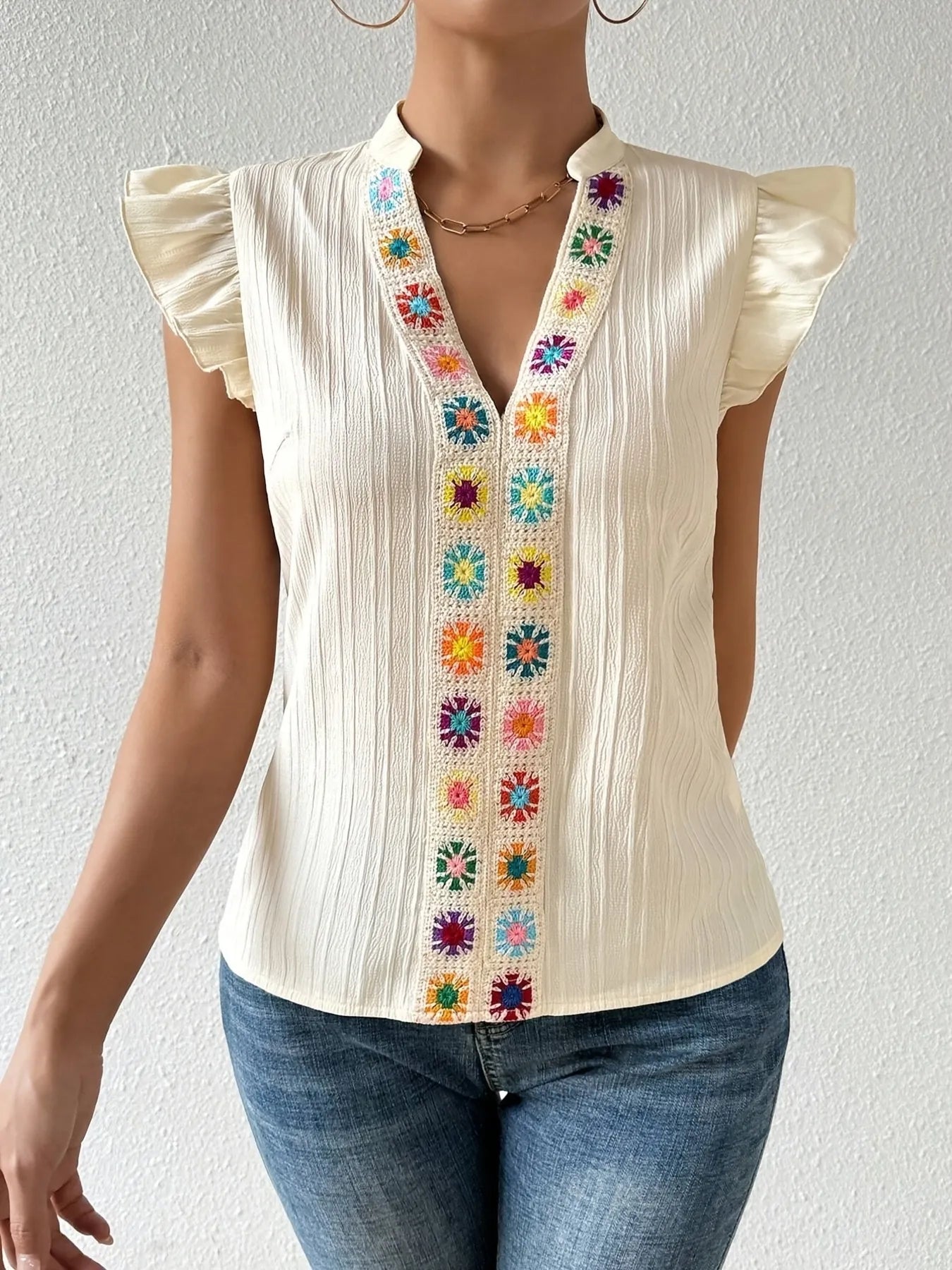 Embroidered Cap Sleeve Notched Blouse