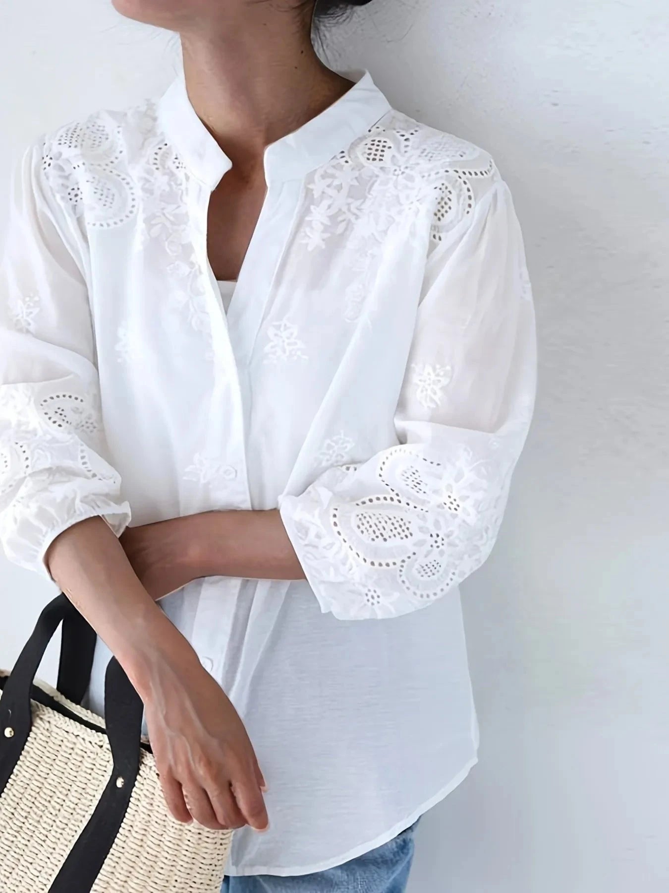 Embroidered Eyelet Button Up Shirt White / S