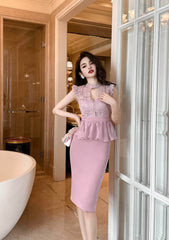 Embroidered Lace Midi Peplum Dress S / Pink
