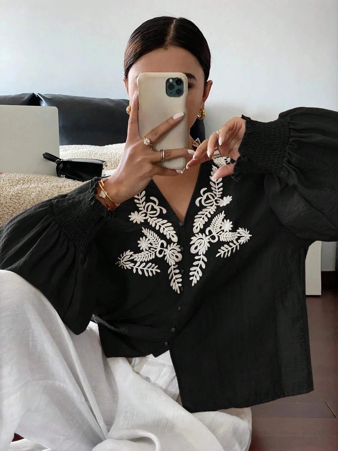 Embroidered Lantern Sleeve Blouse