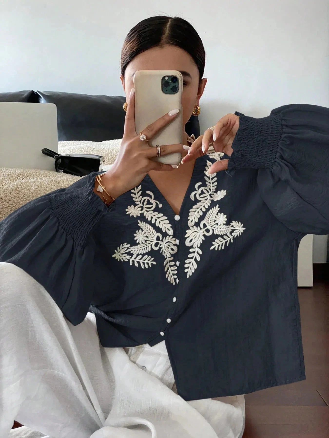 Embroidered Lantern Sleeve Blouse