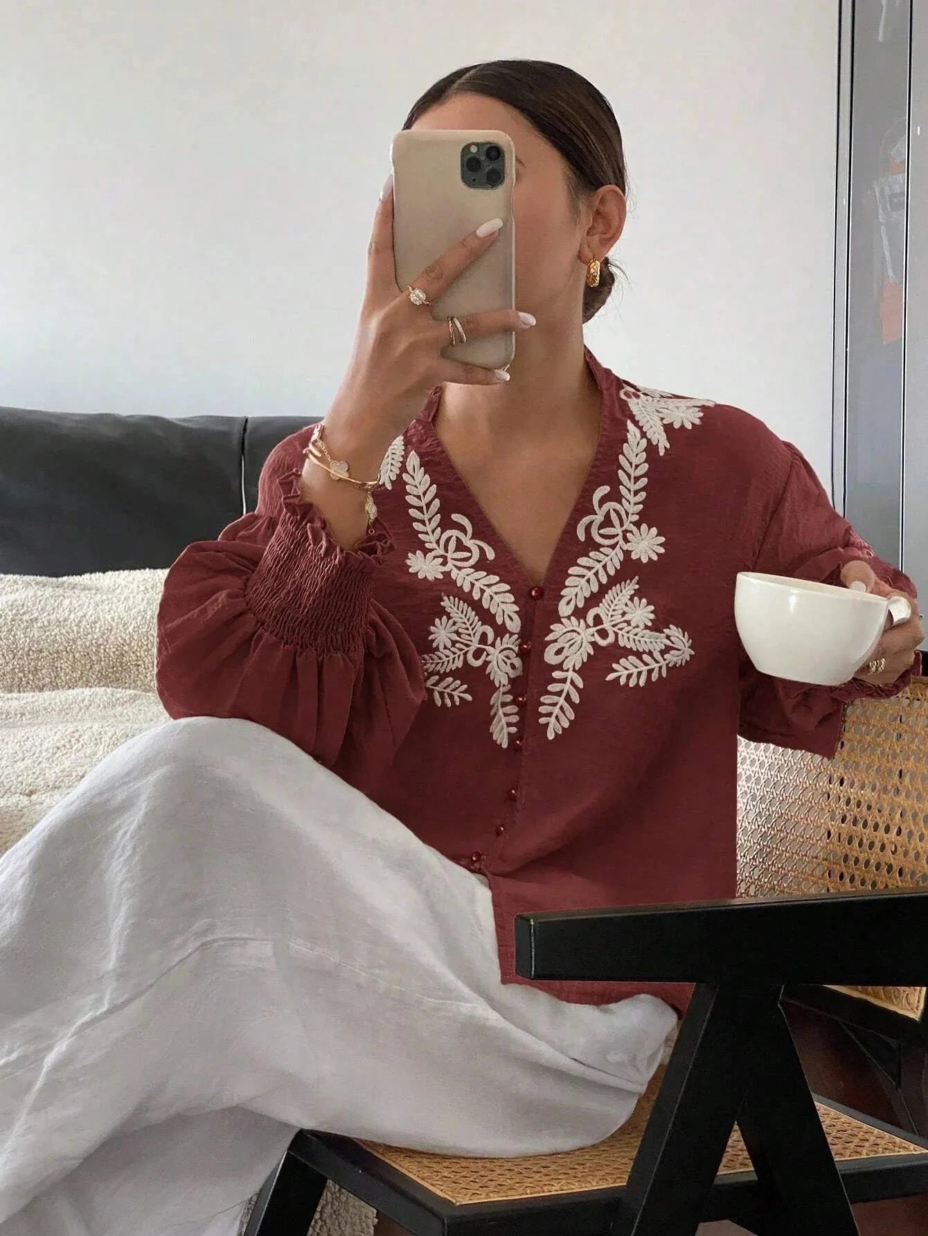 Embroidered Lantern Sleeve Blouse