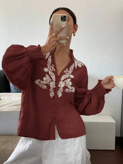 Embroidered Lantern Sleeve Blouse