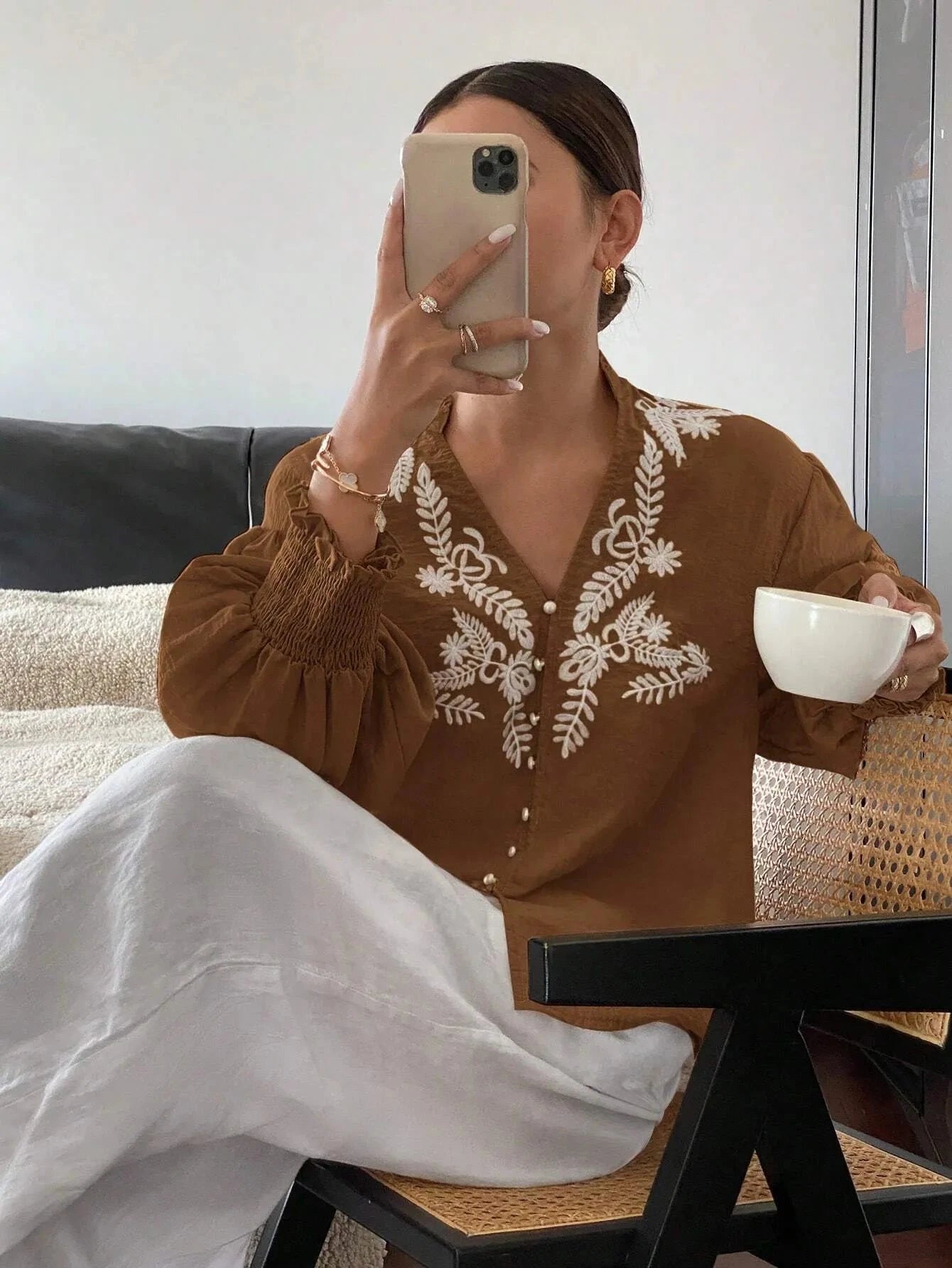 Embroidered Lantern Sleeve Blouse