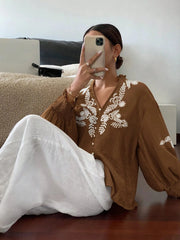 Embroidered Lantern Sleeve Blouse