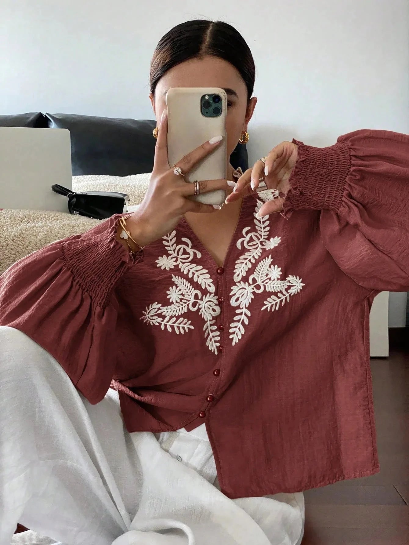 Embroidered Lantern Sleeve Blouse