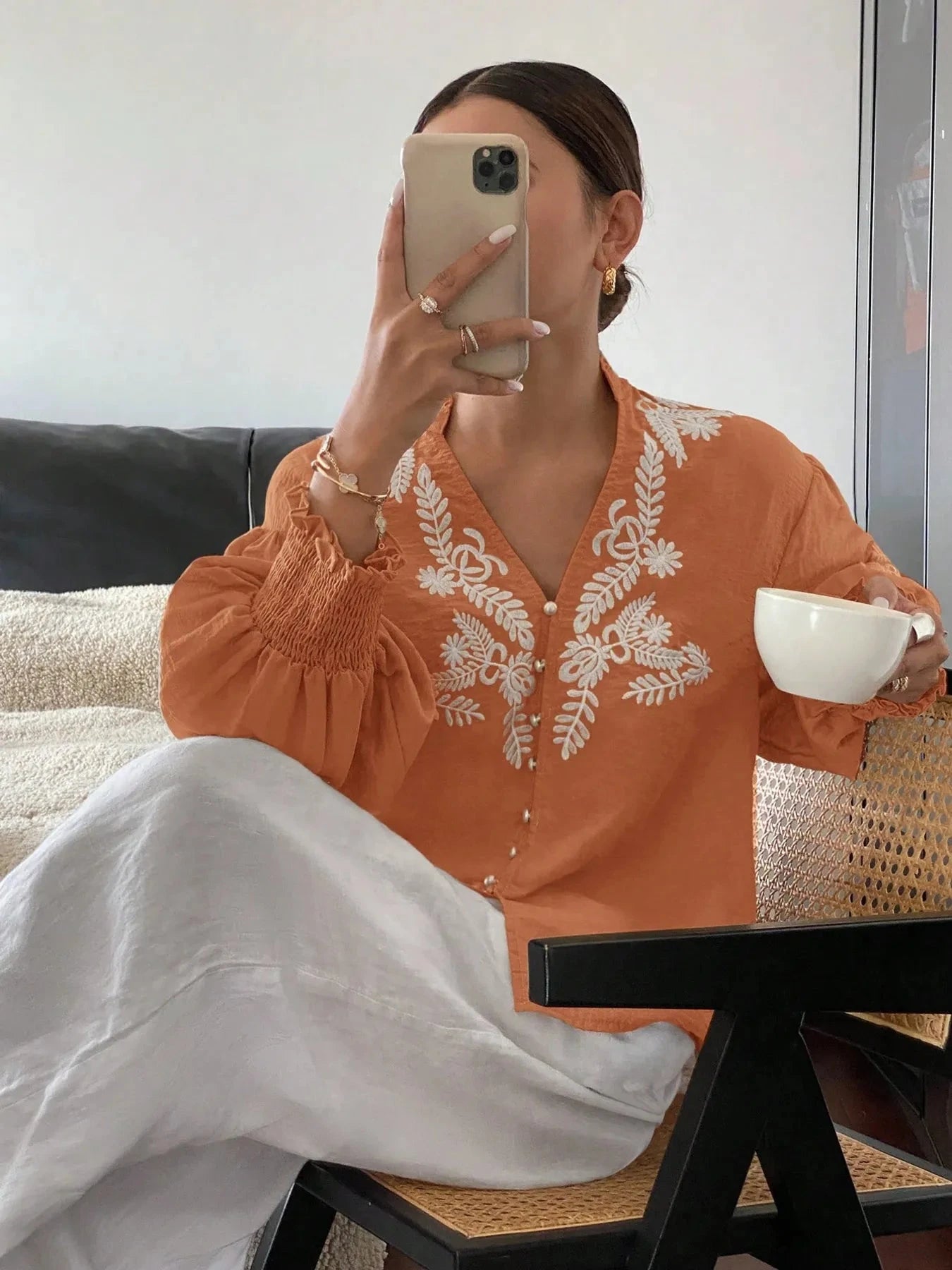 Embroidered Lantern Sleeve Blouse