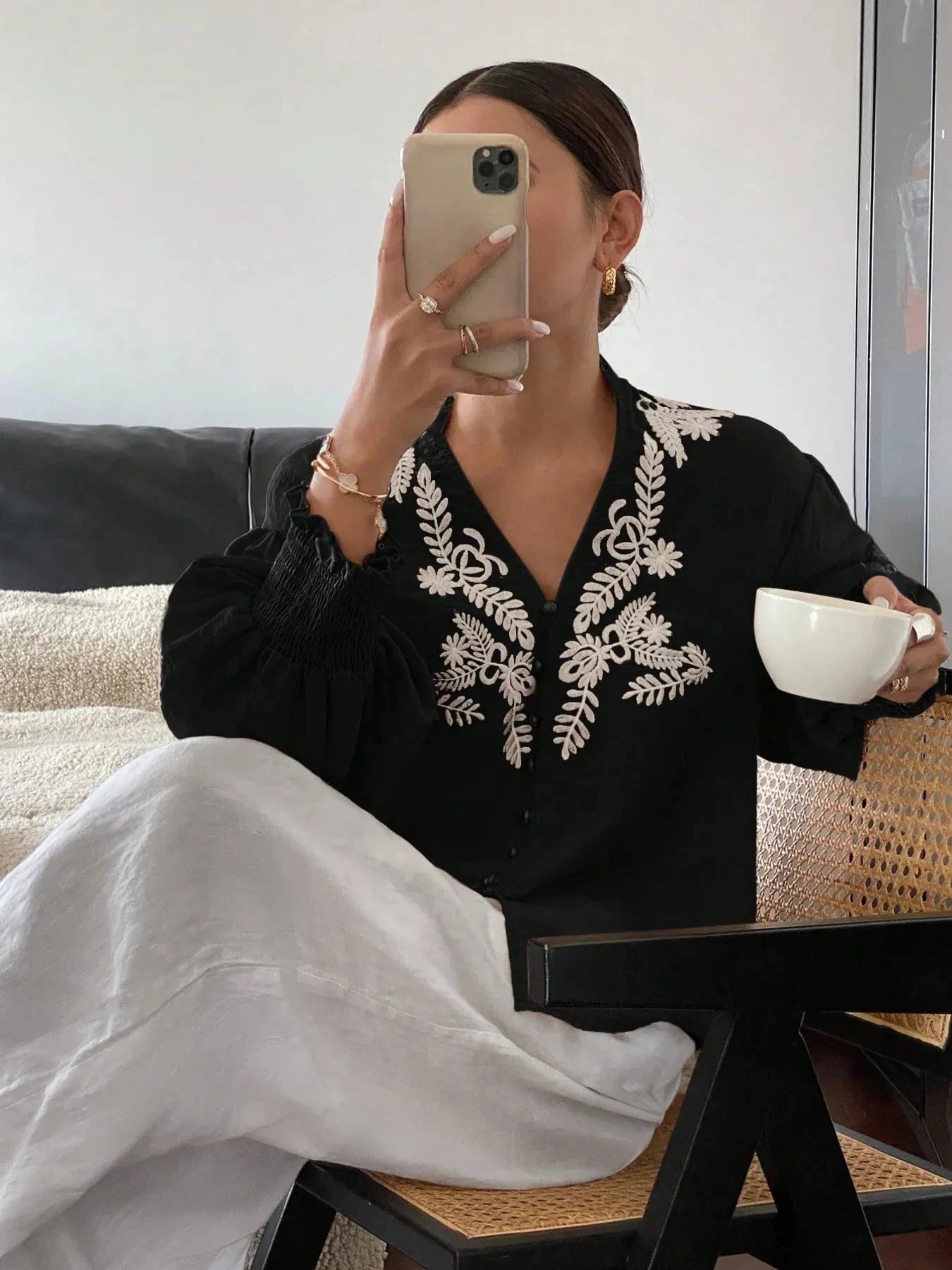 Embroidered Lantern Sleeve Blouse