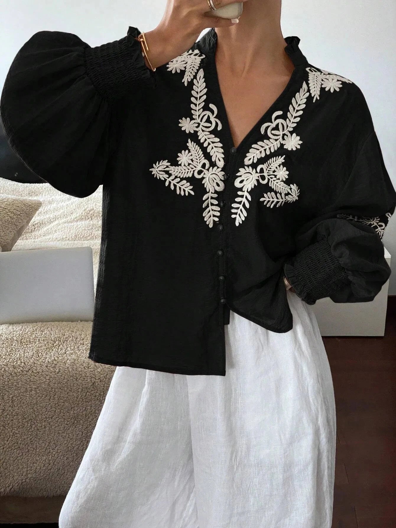Embroidered Lantern Sleeve Blouse Black / S