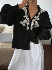 Embroidered Lantern Sleeve Blouse Black / S
