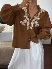 Embroidered Lantern Sleeve Blouse Brown / S