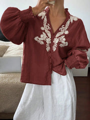 Embroidered Lantern Sleeve Blouse Burgundy / S