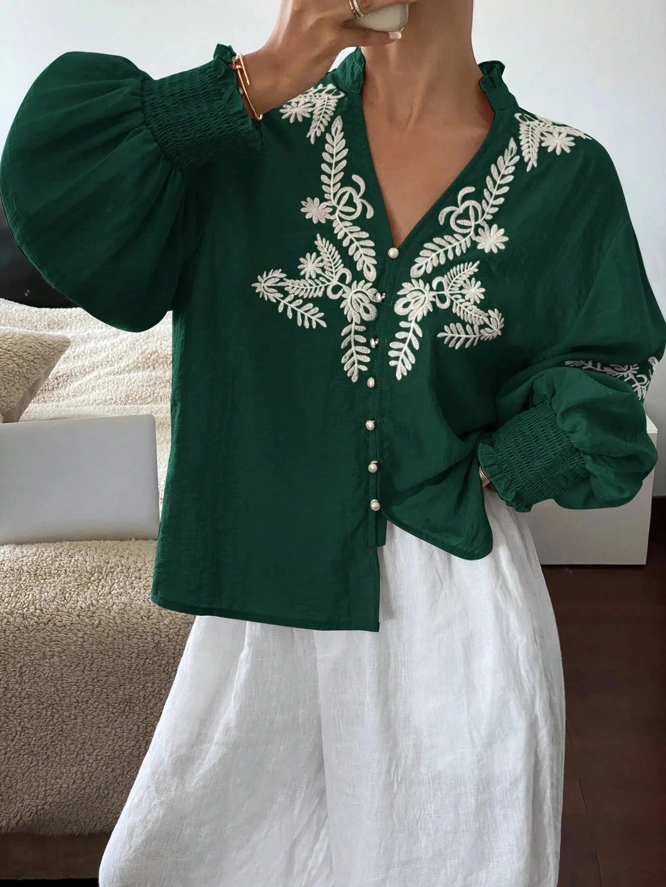 Embroidered Lantern Sleeve Blouse Dark Green / S