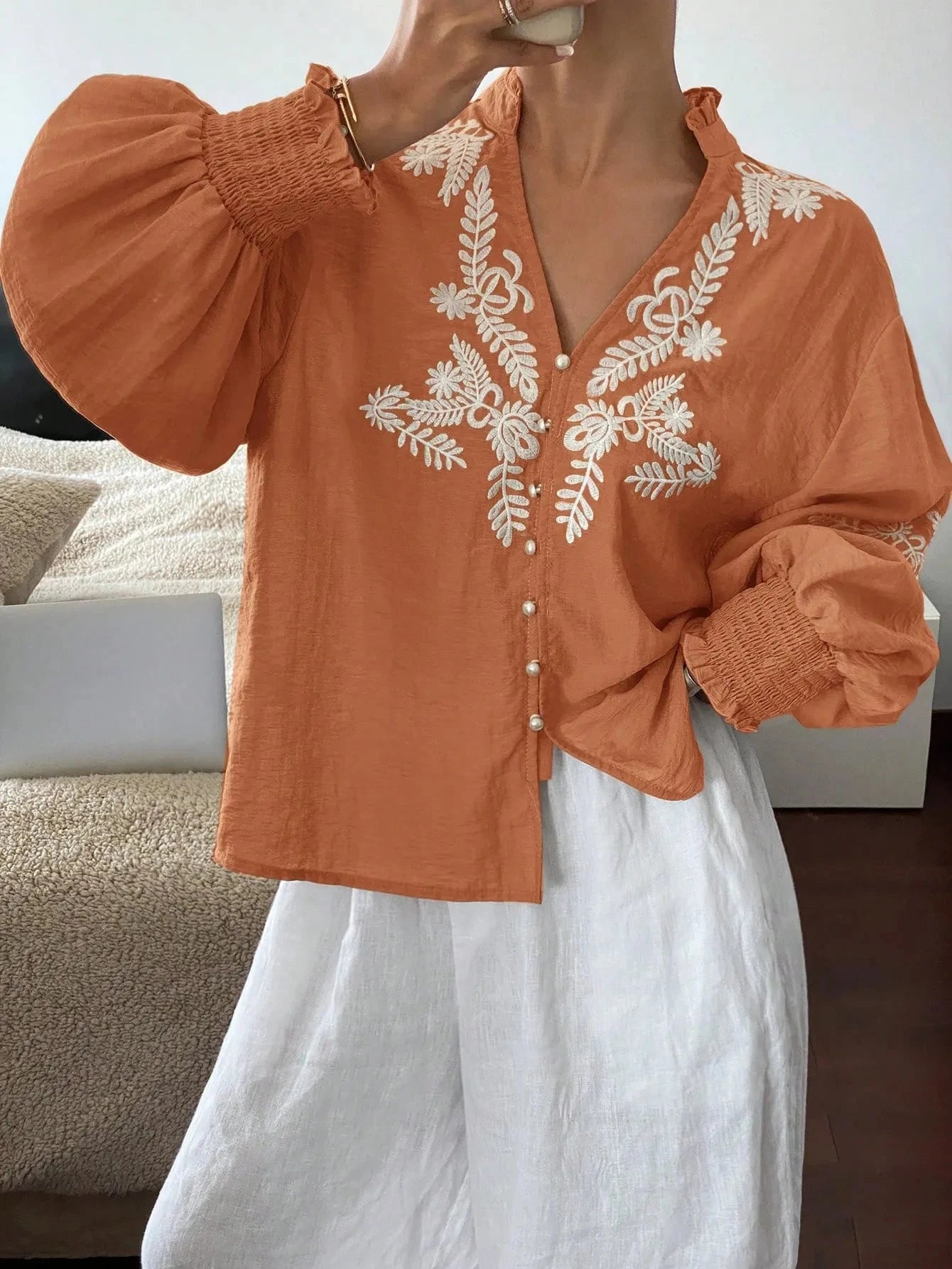 Embroidered Lantern Sleeve Blouse Orange / S