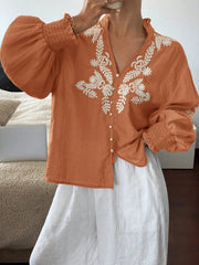 Embroidered Lantern Sleeve Blouse Orange / S