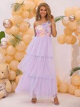 Embroidered Layered Single Shoulder Dress Pink Purple / XS