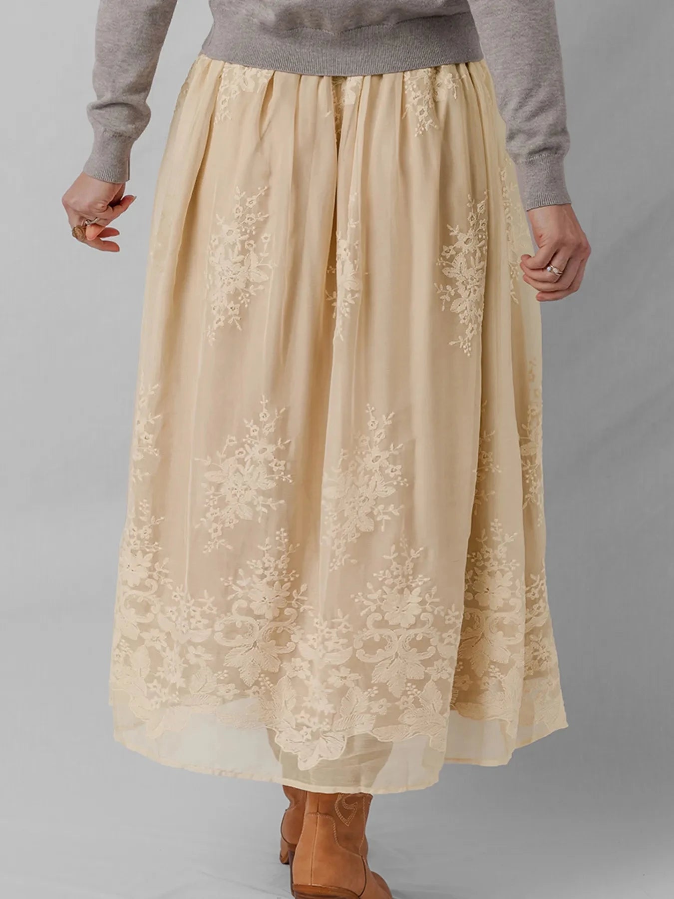 Embroidered Mesh Overlay Flowy Midi Skirt