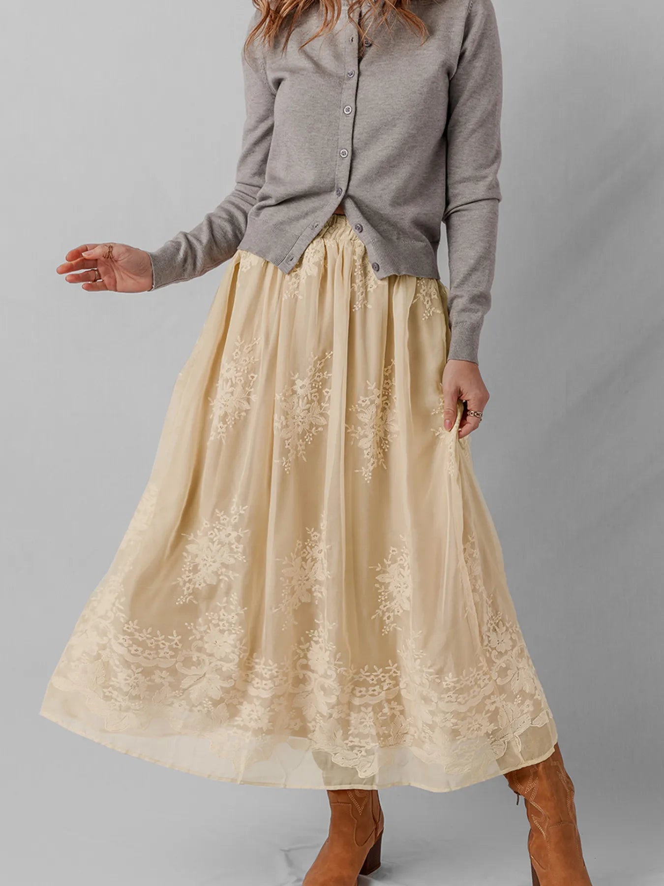 Embroidered Mesh Overlay Flowy Midi Skirt Oatmeal / S
