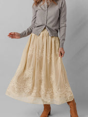 Embroidered Mesh Overlay Flowy Midi Skirt Oatmeal / S