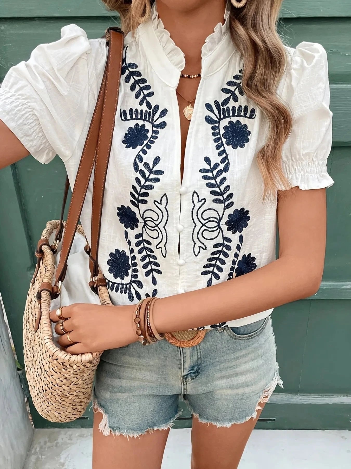 Embroidered Puff Sleeve Blouse White / S
