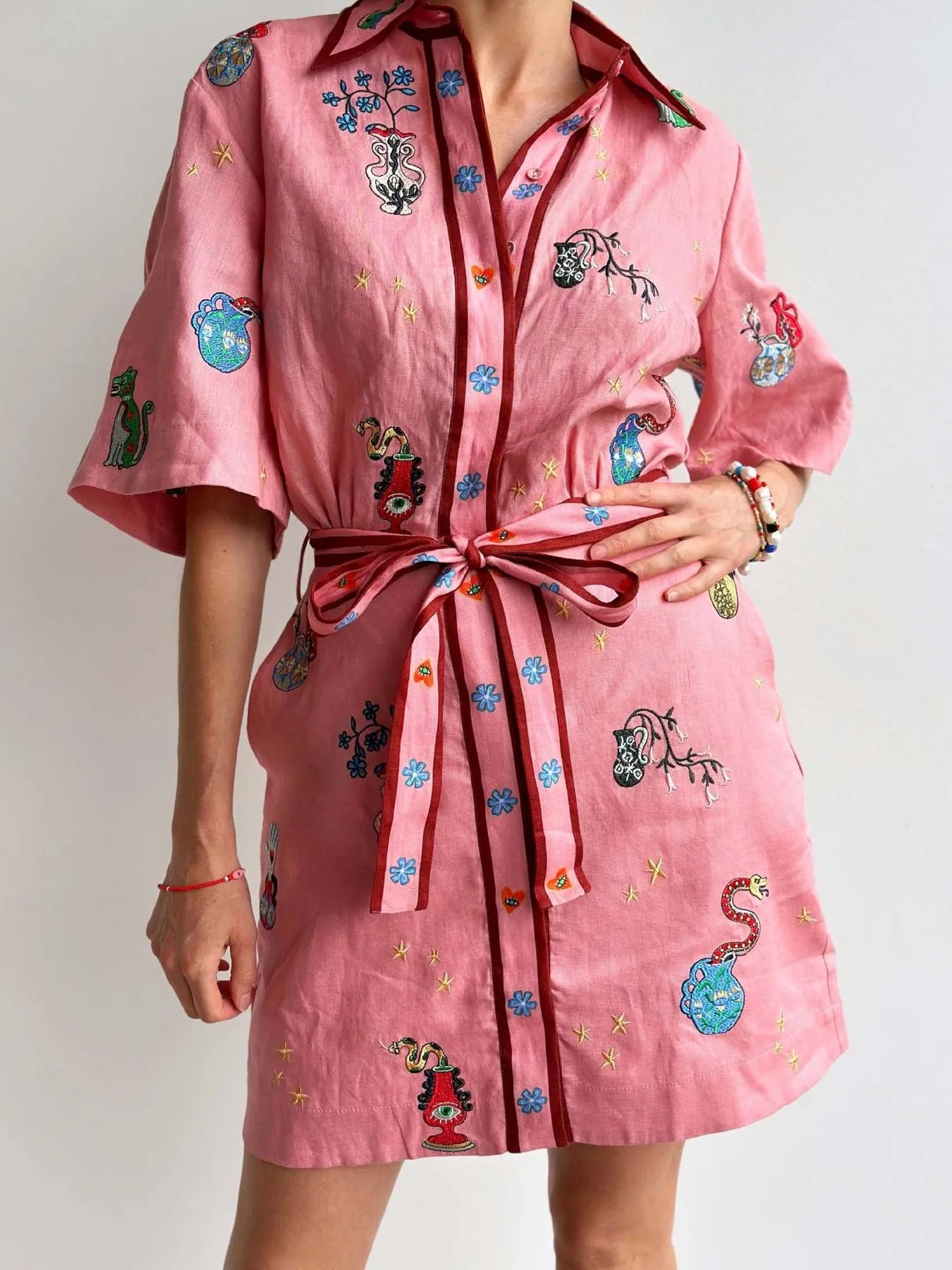 Embroidered Tie Waist Shirt Dress Dusty Pink / S