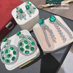 Emerald Crystal Rhinestone Tassel Statement Earrings