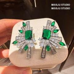 Emerald Crystal Rhinestone Tassel Statement Earrings Green / Geometry