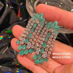 Emerald Crystals Tassel Drop Rhinestone Earrings Green
