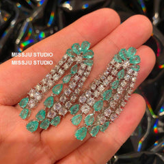 Emerald Crystals Tassel Drop Rhinestone Earrings Green