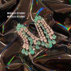 Emerald Crystals Tassel Drop Rhinestone Earrings Green