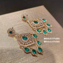 Emerald Rhinestone Chandelier Tassel Earrings Green