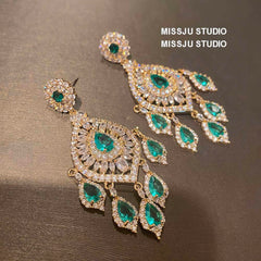 Emerald Rhinestone Chandelier Tassel Earrings Green